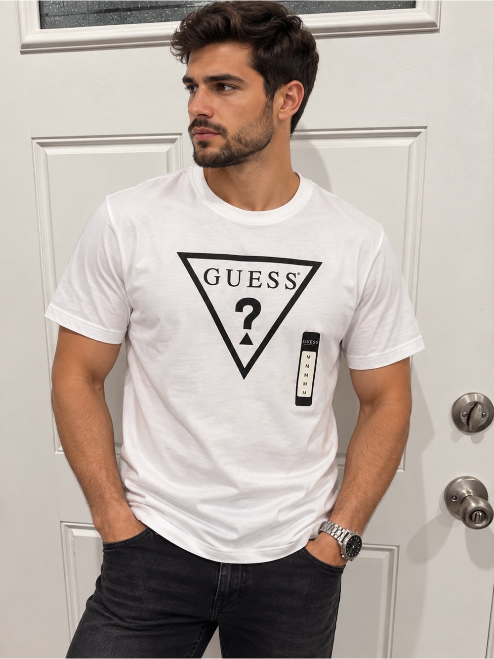 GUESS White Short-Sleeve Logo Tee with Black Triangle